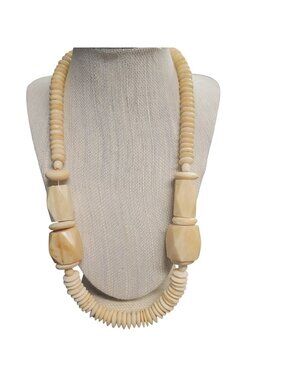 Chunky Vintage 1980's Beige Beaded Necklace Geometric Accents Statement Jewelry